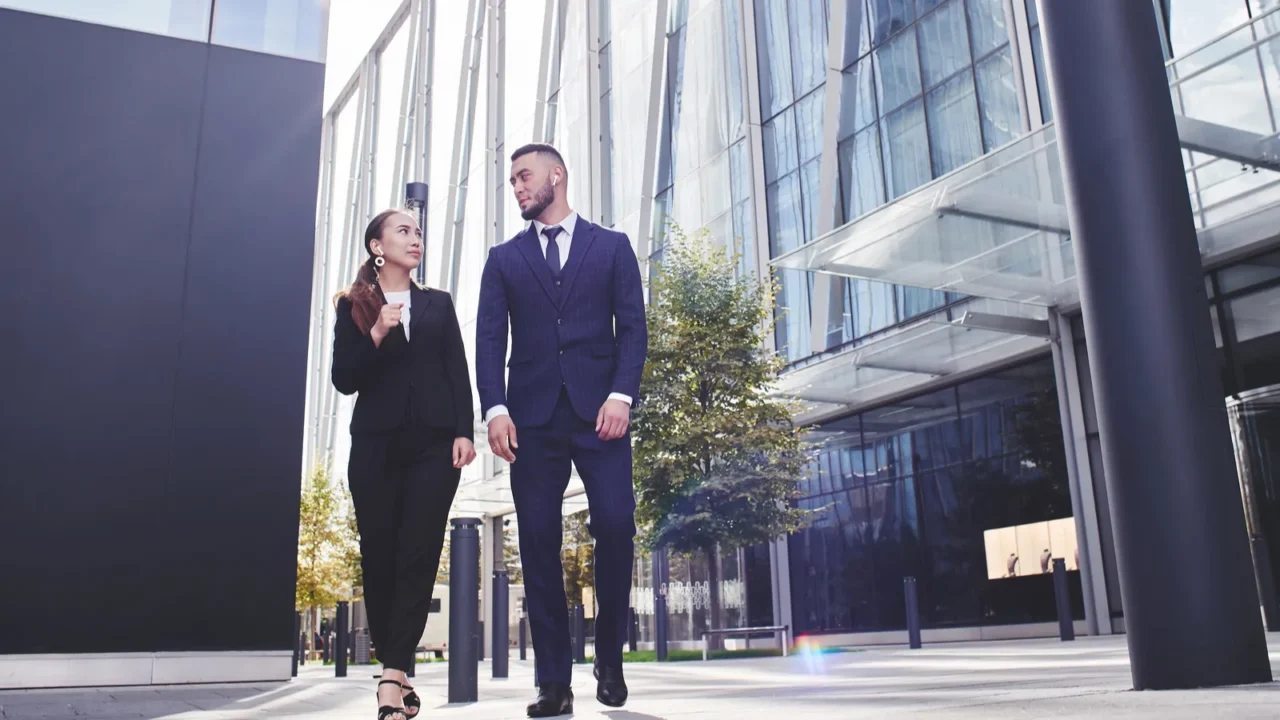 business meeting and walk of two asian kazakh businessmen on