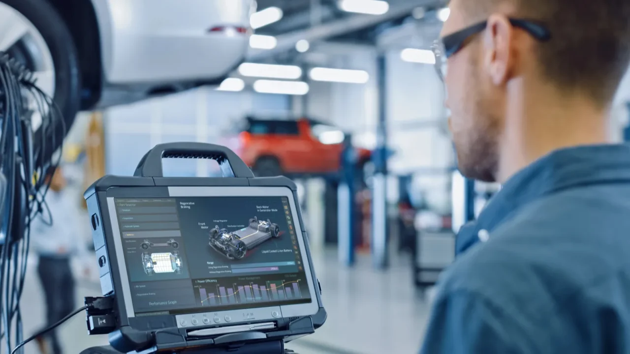 car service manager or mechanic is running an interactive diagnostics