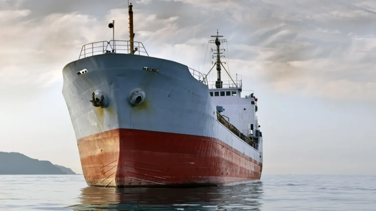 Large cargo ship at sea background of grey sky in the calm.