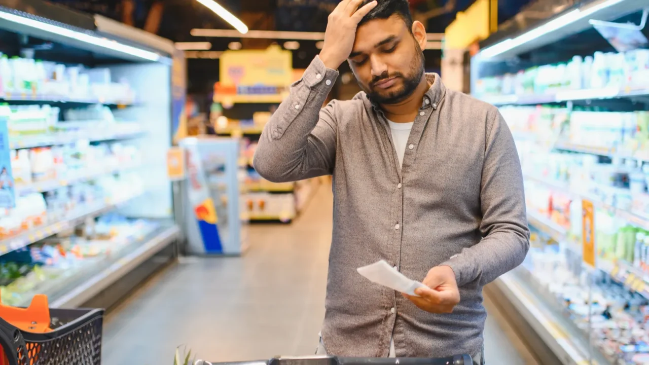 concerned man reviewing a lengthy receipt while shopping for groceries