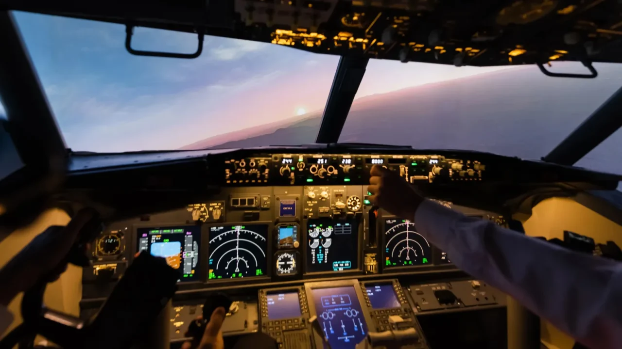 cropped view of professionals piloting airplane in evening