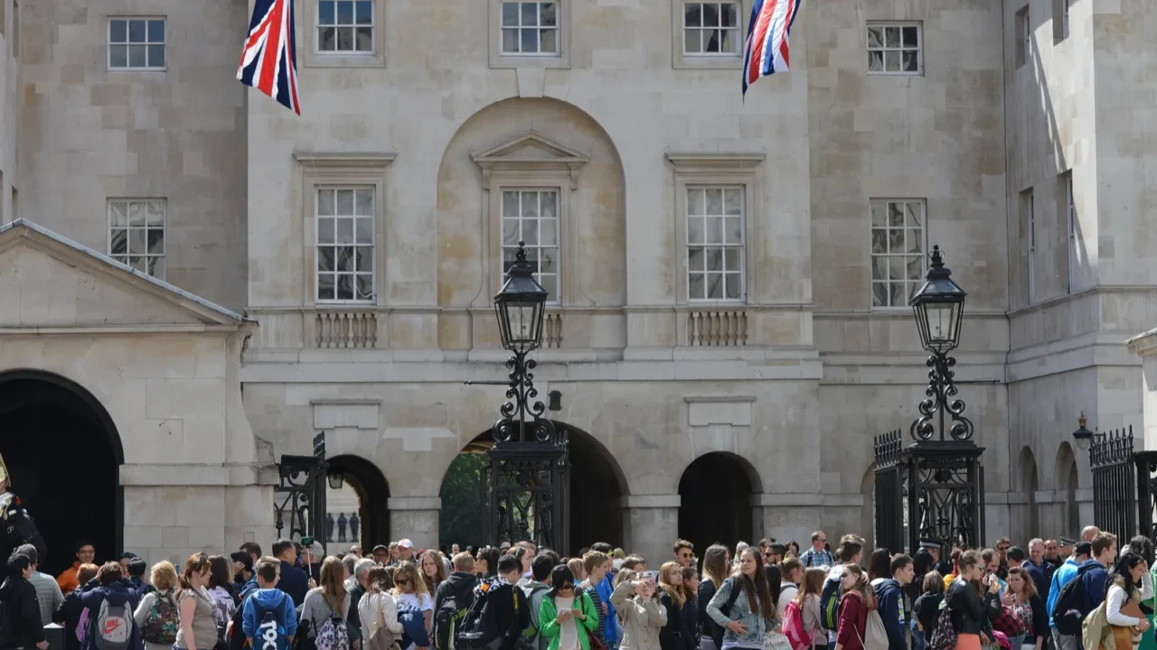 crowds of people visit the landmark horse guards parade on
