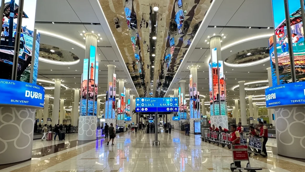 dubai united arab emirates15 september 2023 long bustling airport corridor