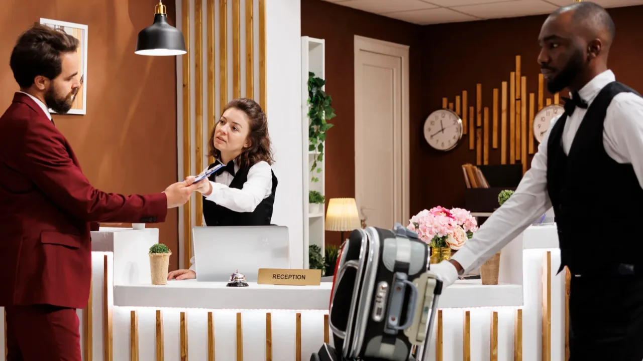 formal guest fill in registration forms at front desk doing