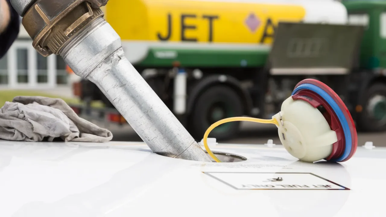 fuel nozzle filling up aircraft