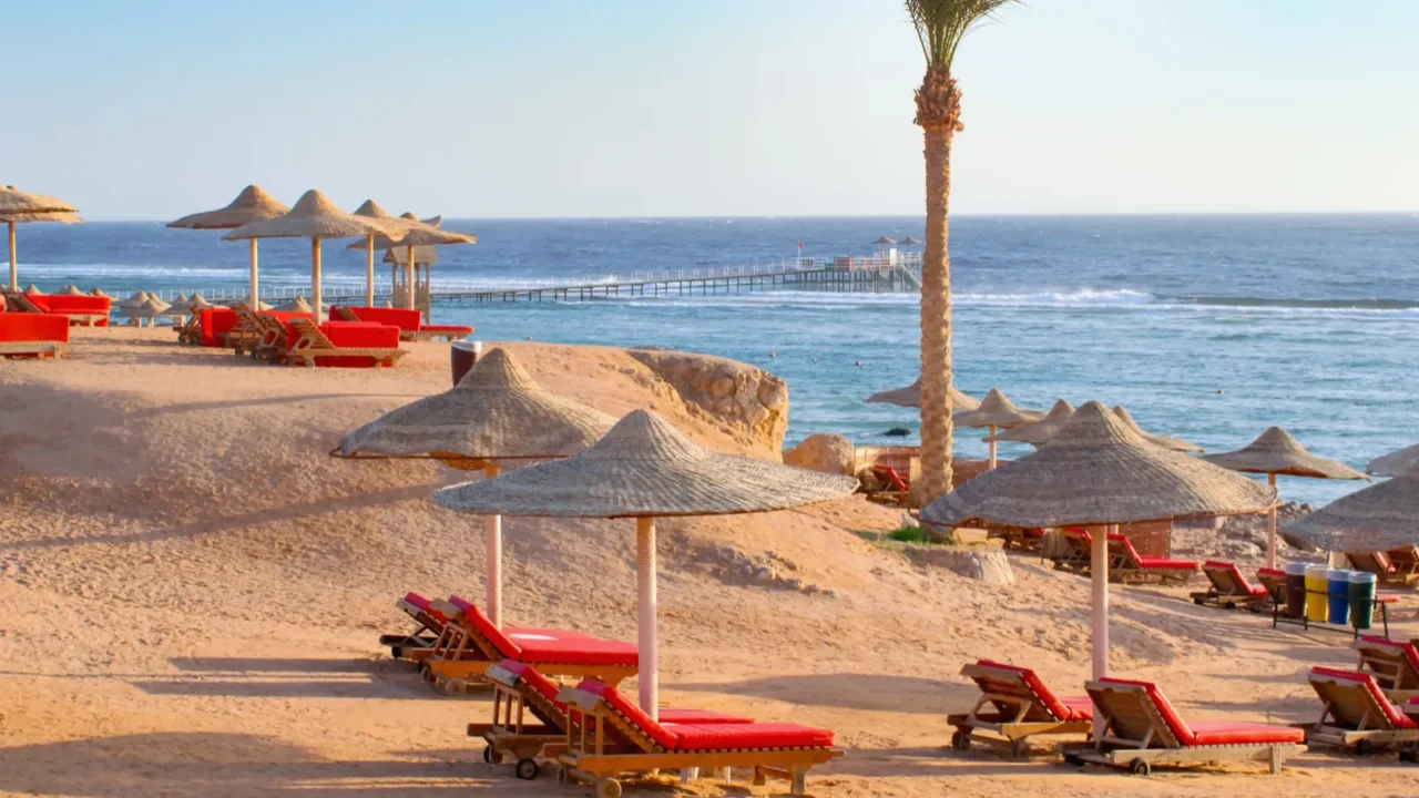 idylic hotel beach with sun umbrelas red sea egypt