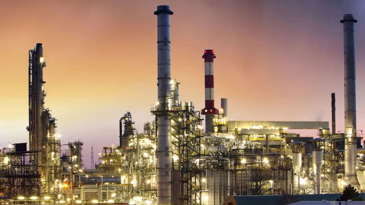 industry oil petrochemical plant at sunset