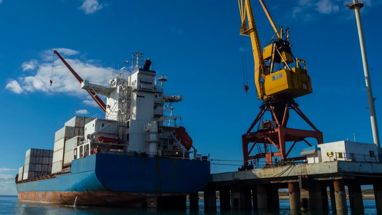 merchant ship moored in the port of san antonio este