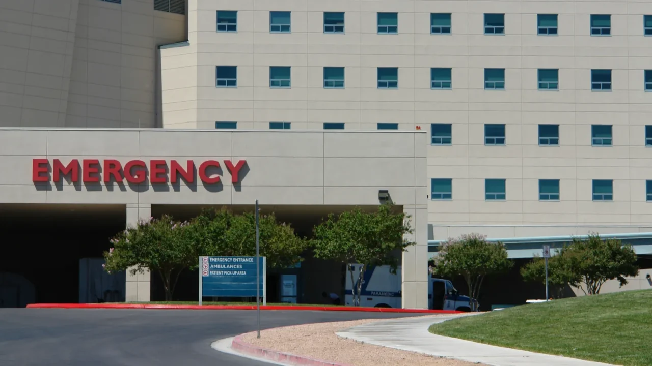 modern hospital building in front of emergency entrance
