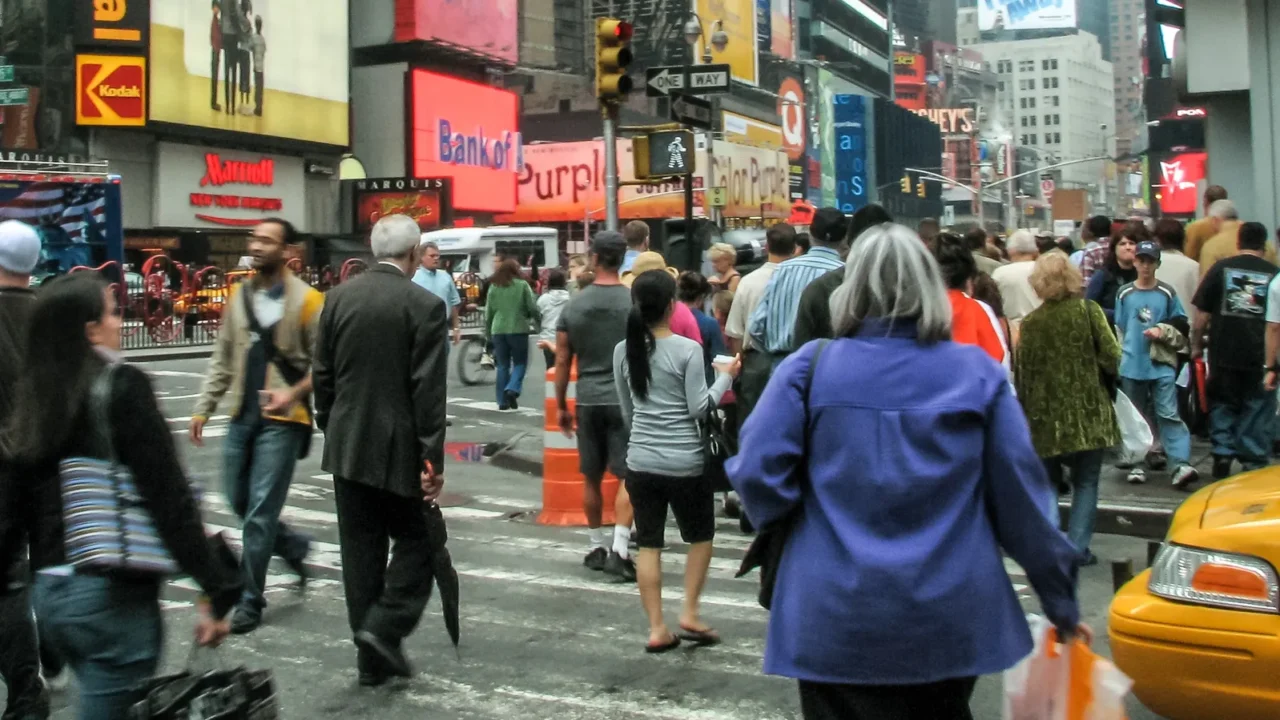 new york street view with modern and old historic buildings