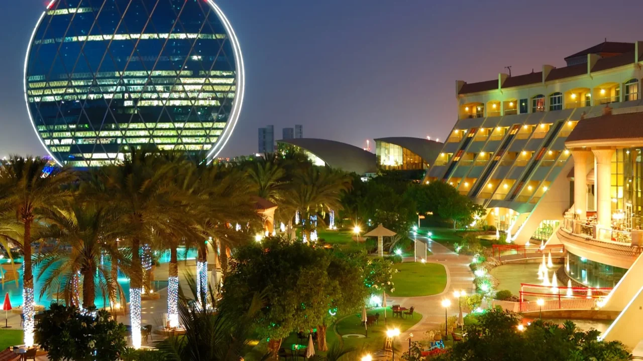 night illumination in the luxury hotel and circular building ab