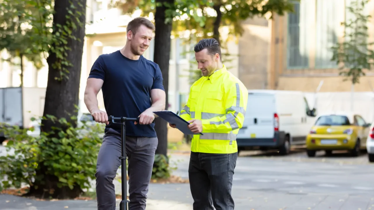 View of a police officer or traffic warden stopping a man on an electric scooter on a city street, likely for a traffic violation check