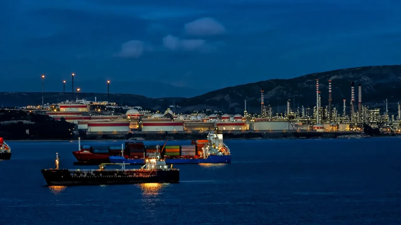oil refinery plant at night