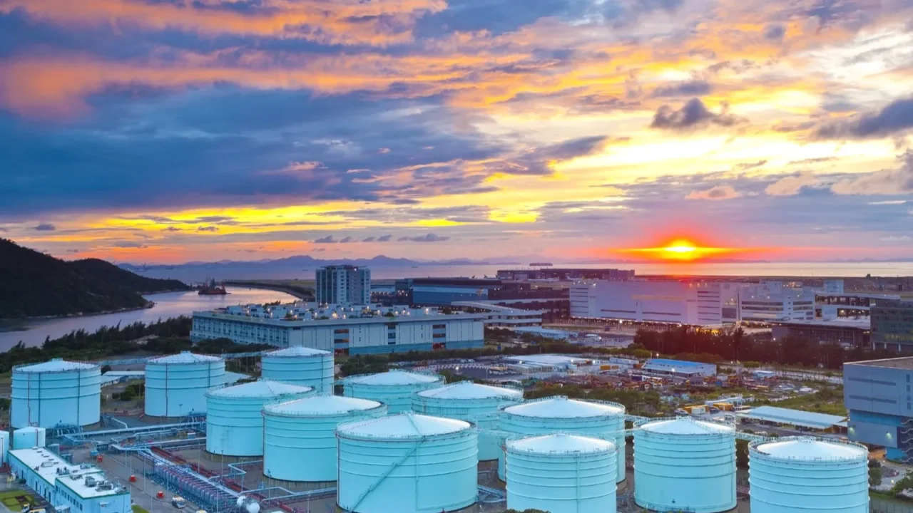 oil tanks at sunset in hong kong
