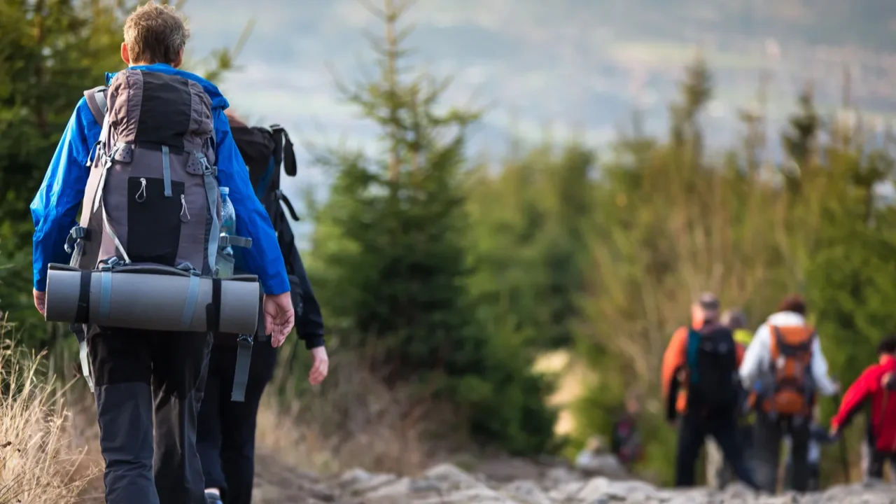 people hiking goiing down a lovely alpine path