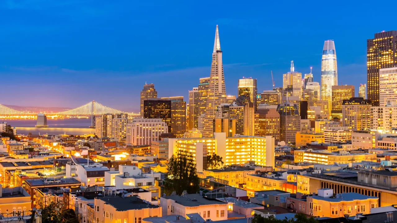 san francisco downtown skyline aerial view at sunset from ina
