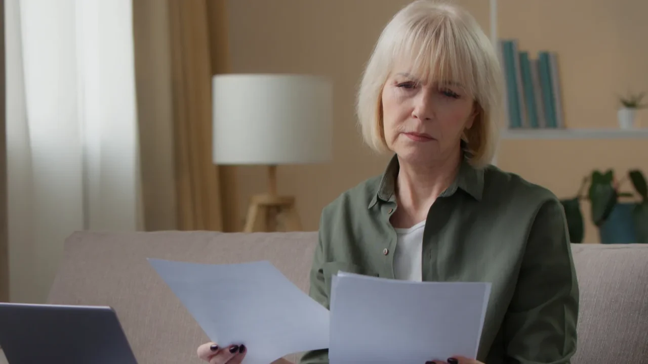serious caucasian old woman with papers documents looking laptop confused