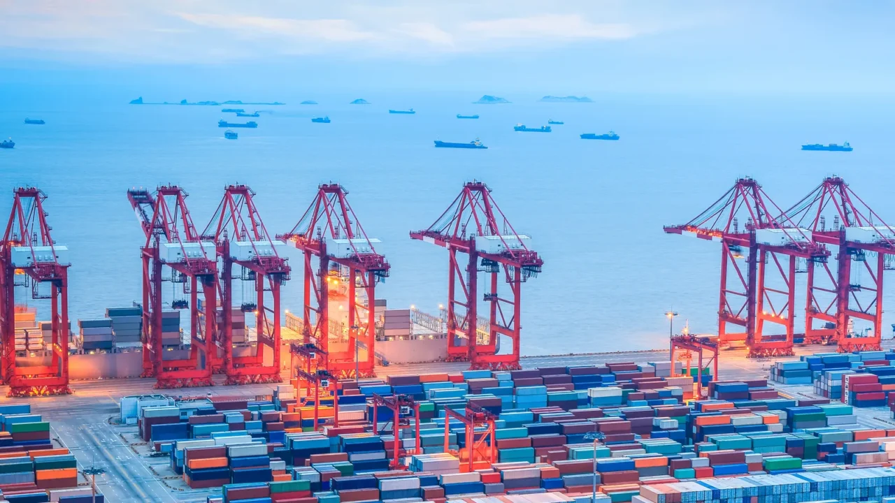 shanghai container terminal at dusk