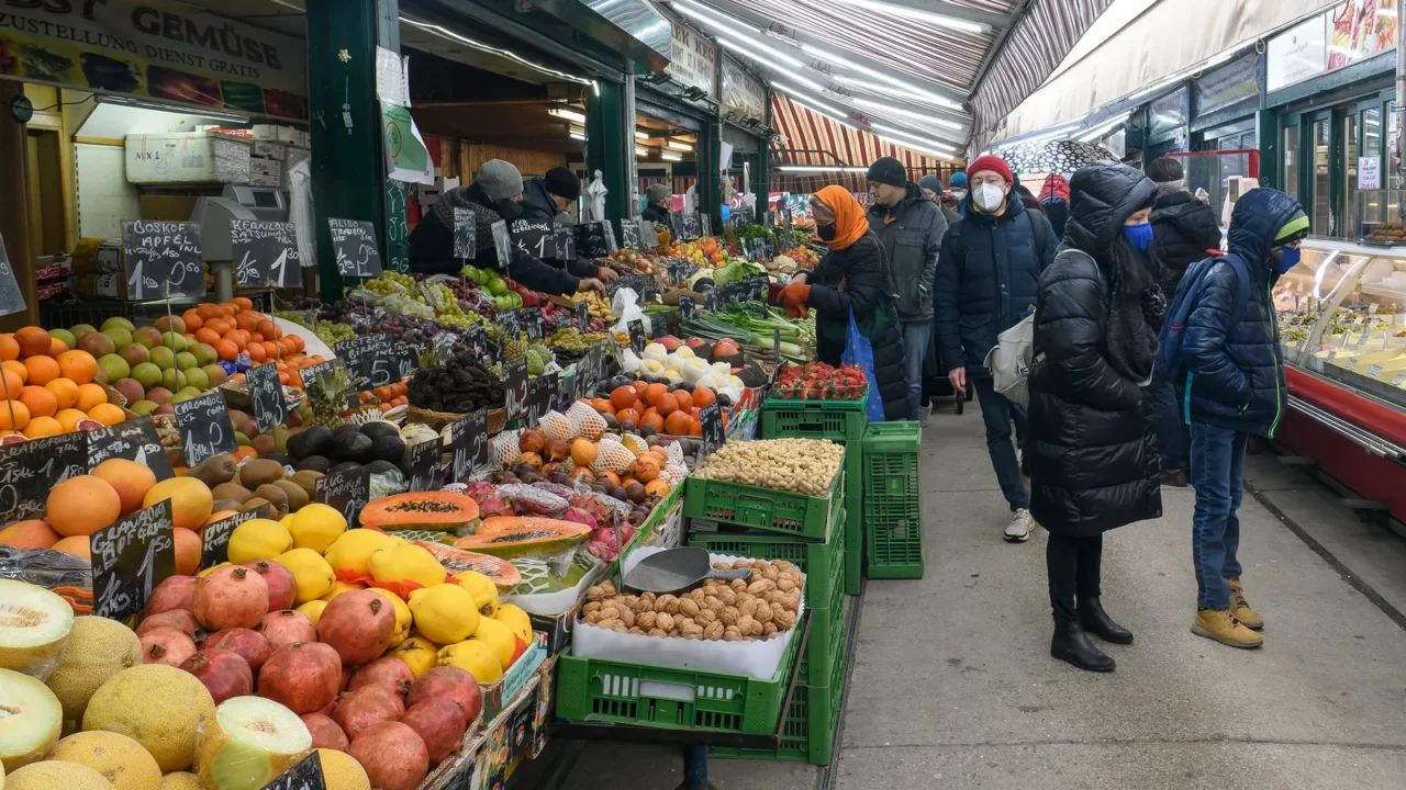 showcases with food products on the naschmarkt most popular market