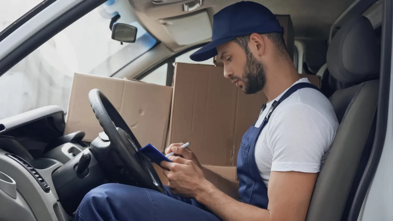side view of delivery man writing on clipboard near carton
