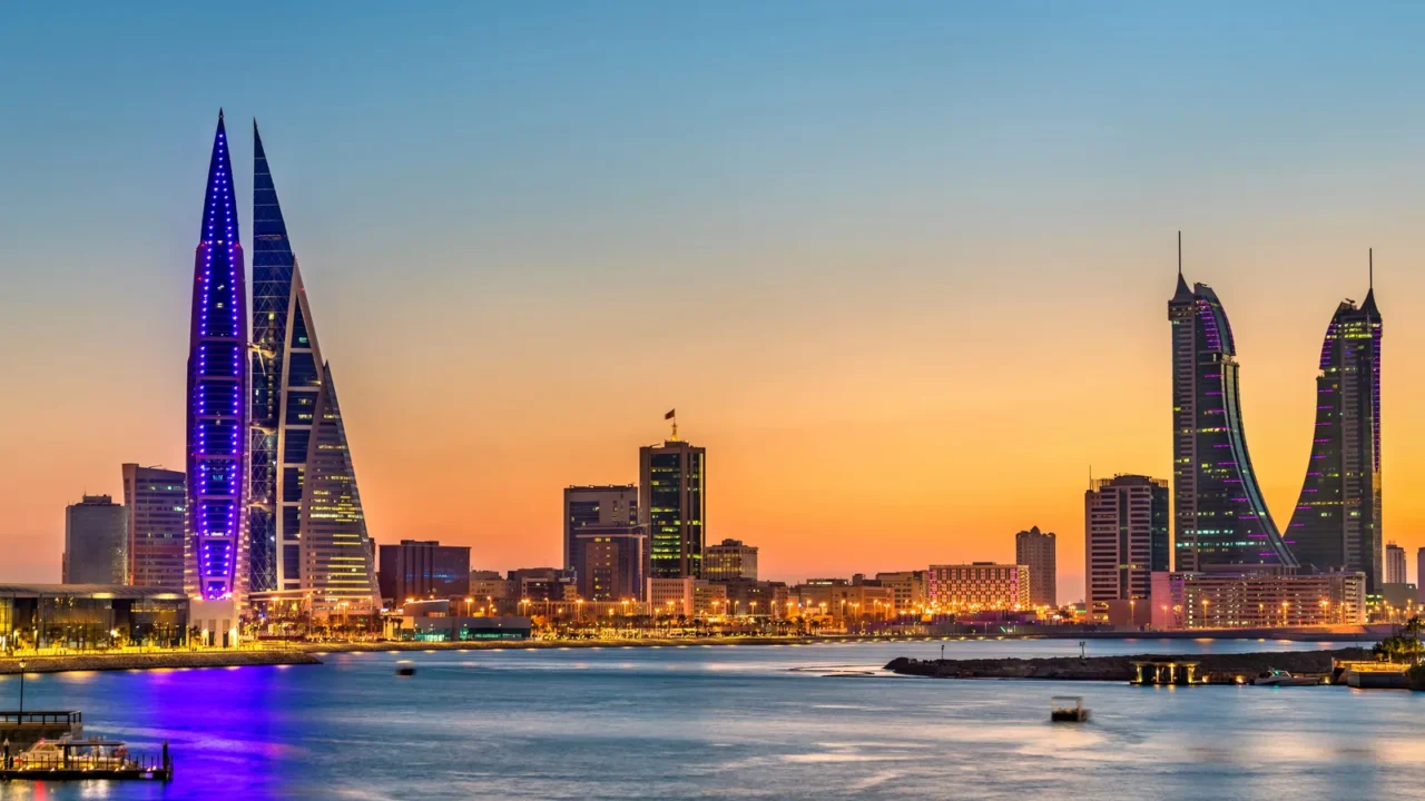 skyline of manama at sunset the kingdom of bahrain
