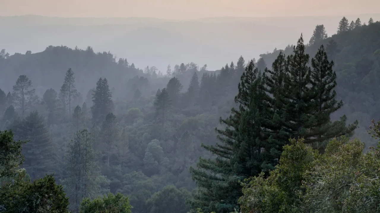 smoky sunset over santa cruz mountains during 2020 california wildfires