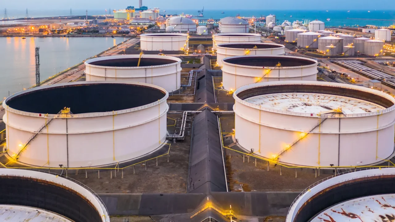 storage tanks and oil terminal in petrochemical terminal port