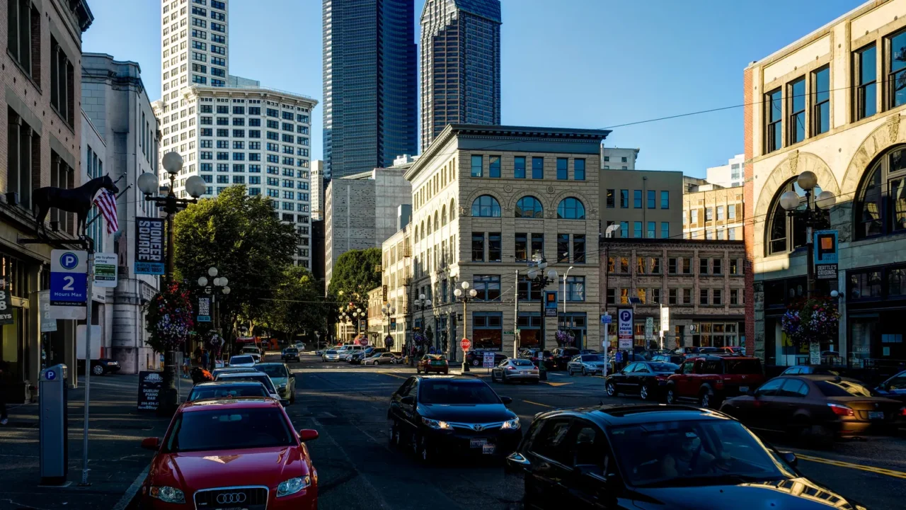 street view with cars and blue sky in seattle washington