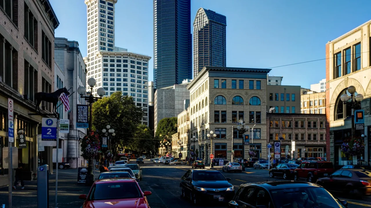 street view with cars and blue sky in seattle washington