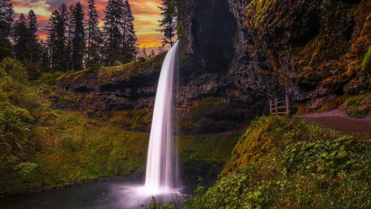 sunset over south falls in silver falls state park oregon