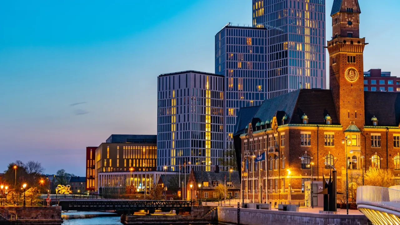 sunset view of skyline of malmo dominated by the world