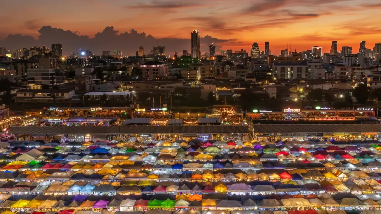 top view of busy asian street food at railway night