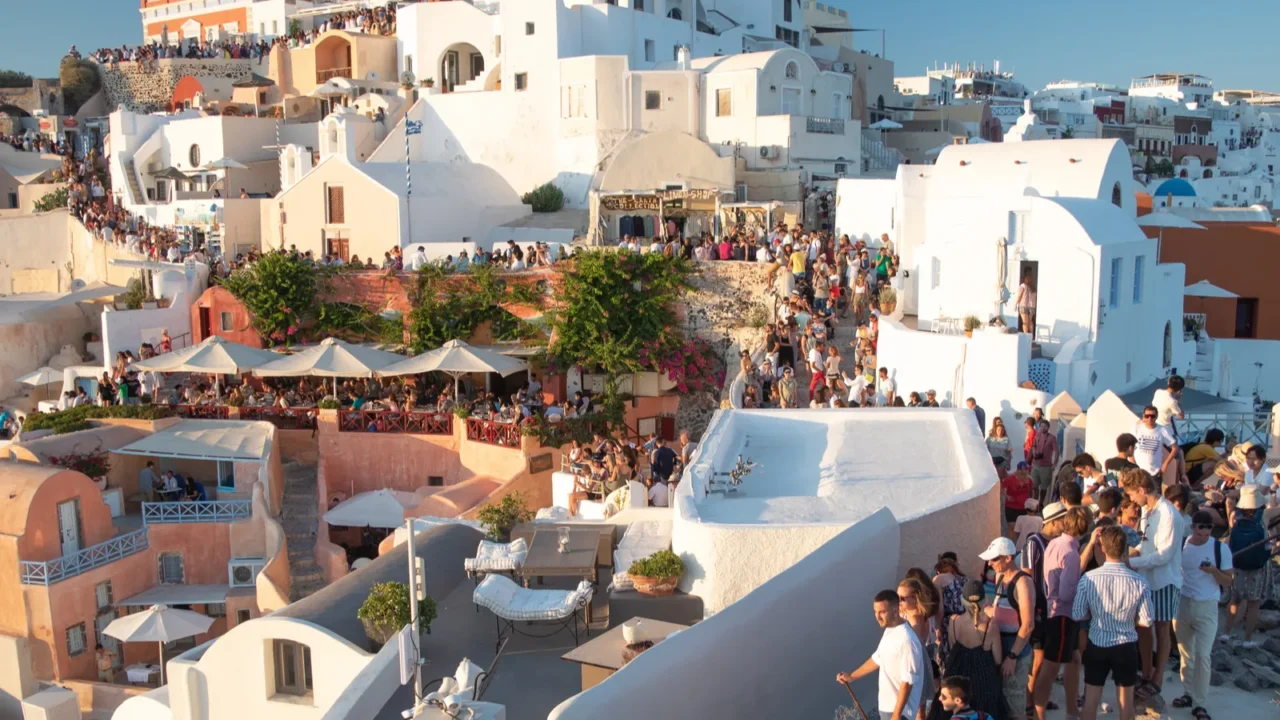 tourists packed into santorini due to overtourism