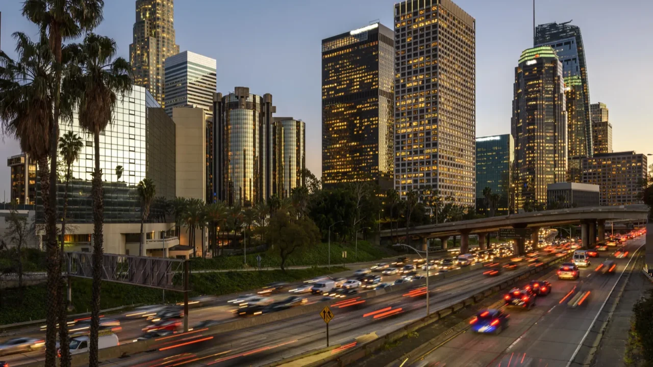 traffic in downtown los angeles california at sunset