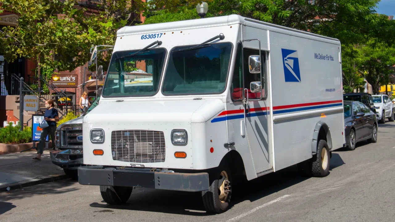 united states postal service usps delivery truck on newbury street