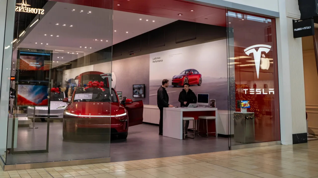 view of modern tesla storefront with electric cars on display