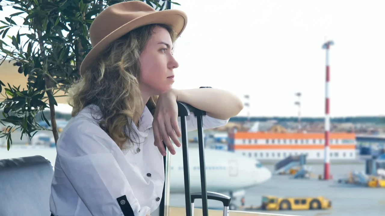 woman tourist in the airport lounge waiting for a long