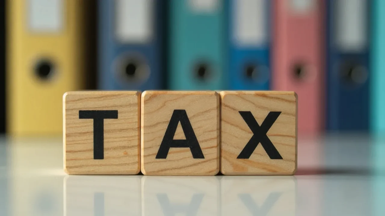 wooden blocks spelling tax reflecting on a white surface with