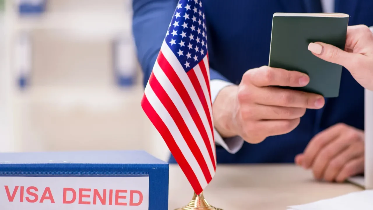 young woman visiting american embassy for visa