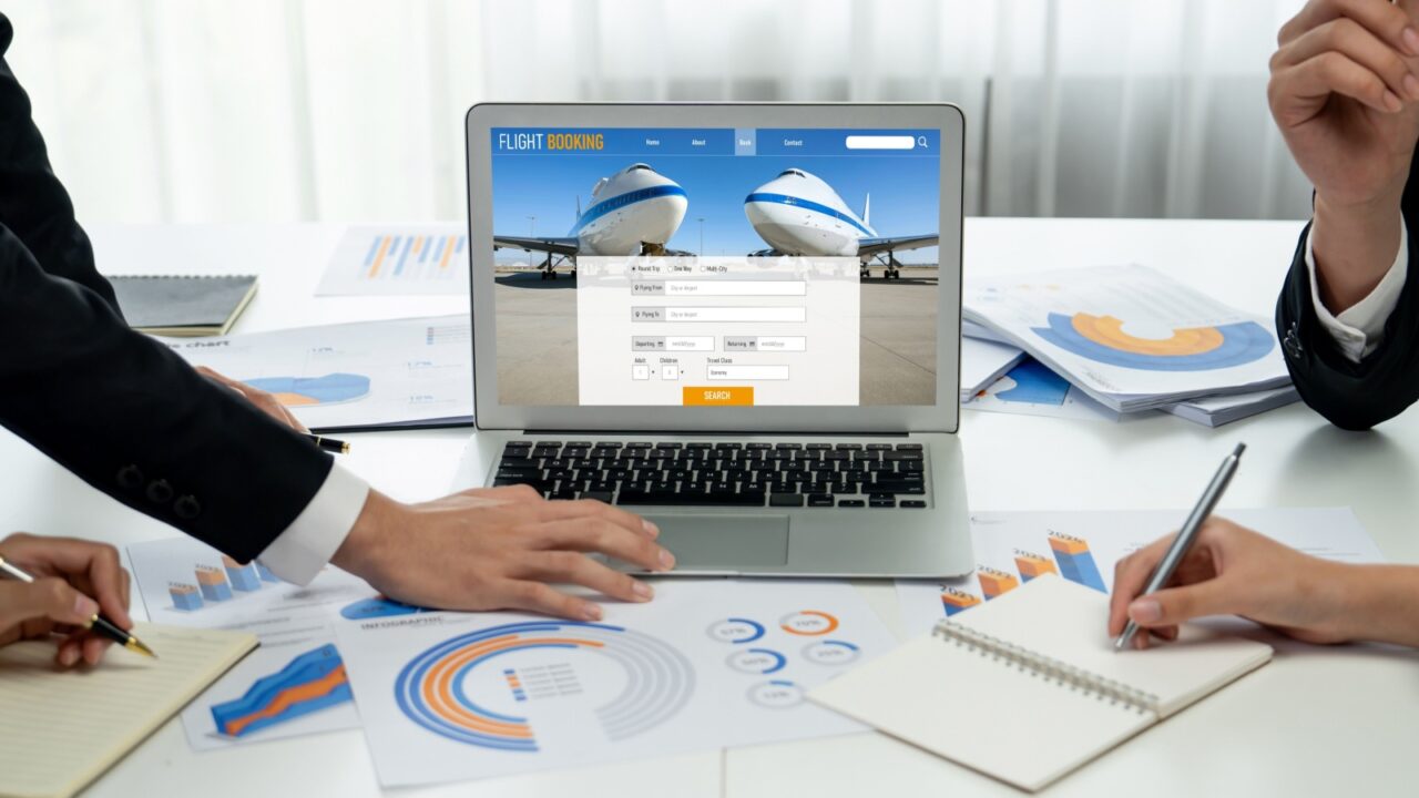 Online flight booking website provide brisk reservation system . Travel technology concept .