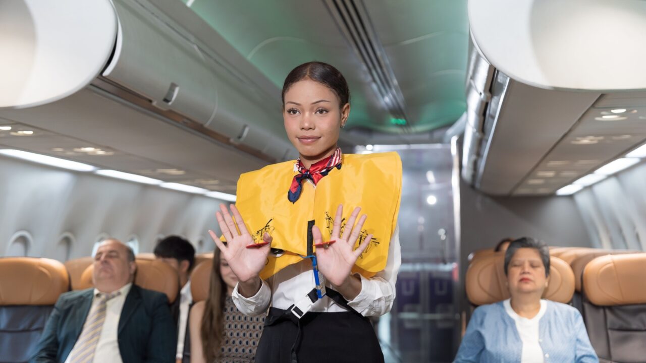 Flight attendant demonstrating safety to passengers inside airplane cabin. Airlines cabin crew safety demonstration in airplane before departure