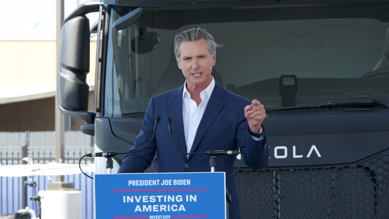 Oakland, CA - Aug 30, 2024: Gavin Newsom speaking about his commitment to build and expand clean energy in CA with the launch of a clean, renewable hydrogen hub at the Port of Oakland.