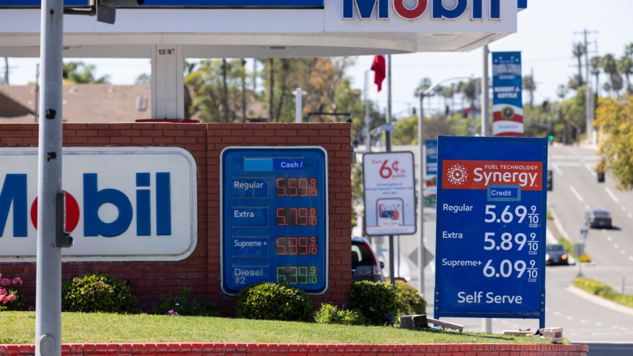 Yorba Linda, California, USA - March 12, 2026: A Mobil gas station displays gas prices.