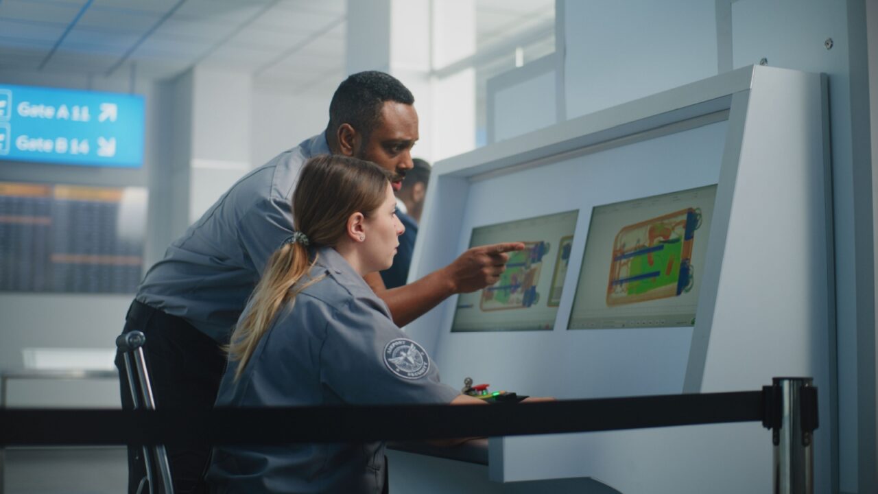 Airport Security Checkpoint: Two Multiethnic Security Officers Monitoring X-ray Images of Baggage Screening Procedure on Computer Screens Using Modern Software. Rack Focus on Baggage Restrictions Sign