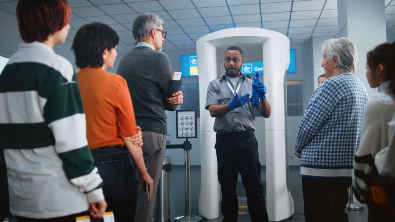 Airport Security Checkpoint: African American Security Officer Gives Instructions to Diverse People, Passengers About TSA Screening Procedures for Boarding Flight. Queue of Tourists Going on Trips.