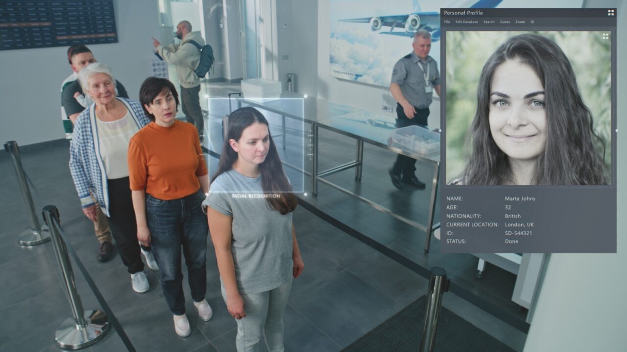 Airport Security Checkpoint: Queue of Multiethnic People Passing Biometric Facial Recognition at Passport Control. Advanced AI AI Big Data Scanning Technology. Passengers Screening for Boarding Flight