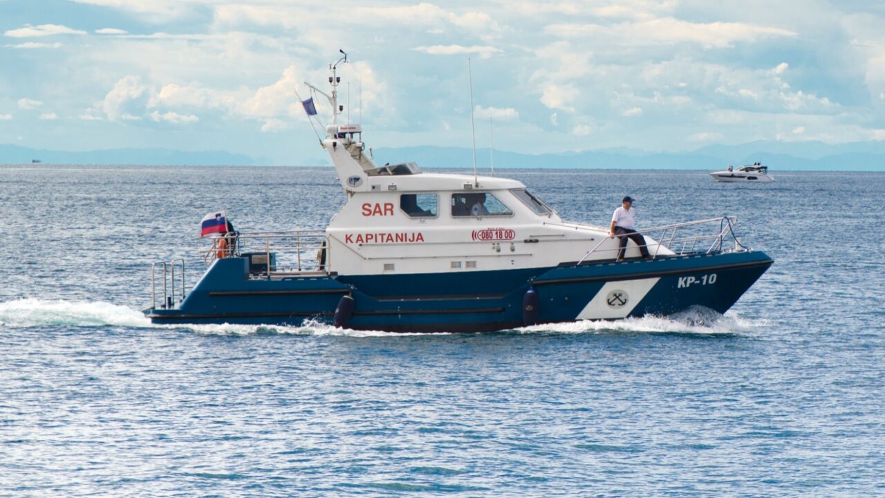 Slovenian police coast guard boat at open sea.