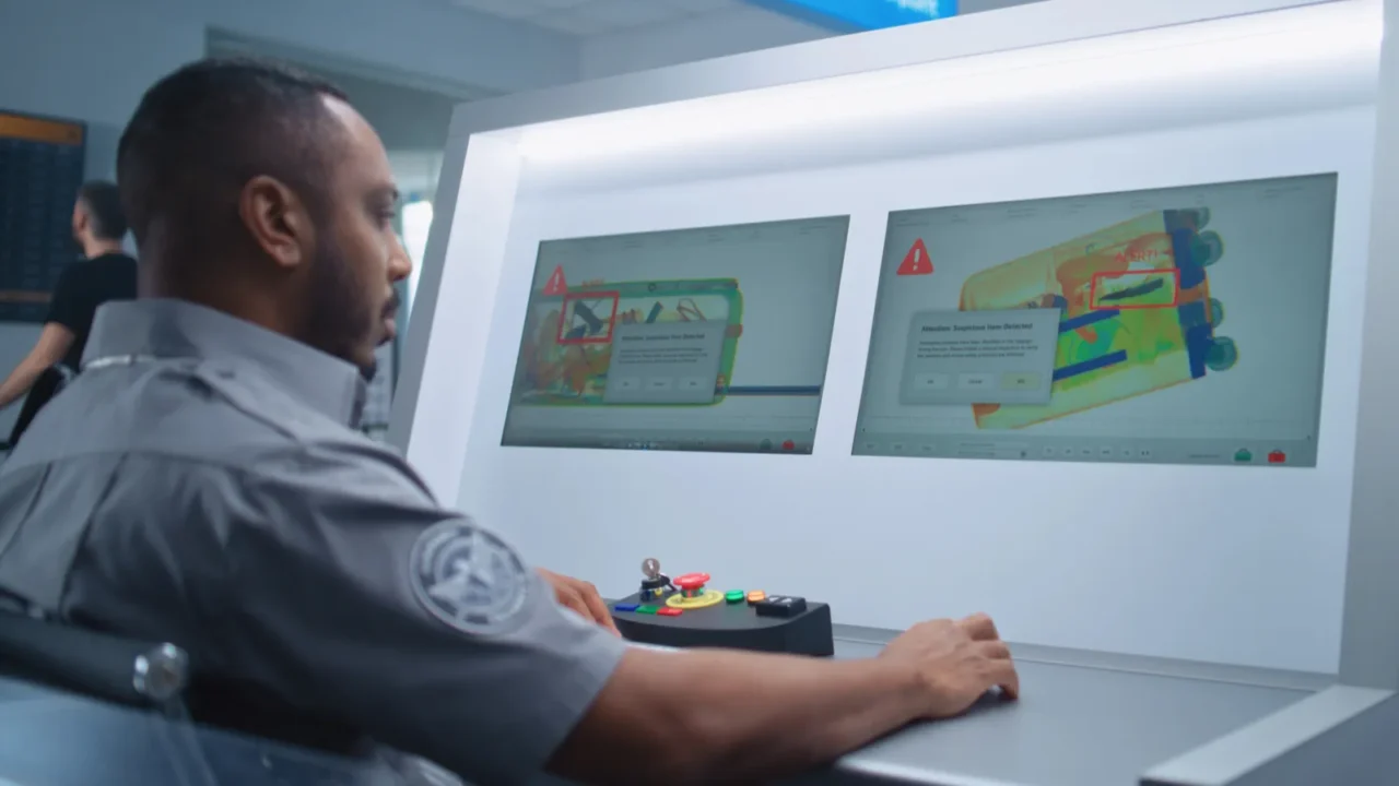 airport security checkpoint african american security officer monitors baggage screening
