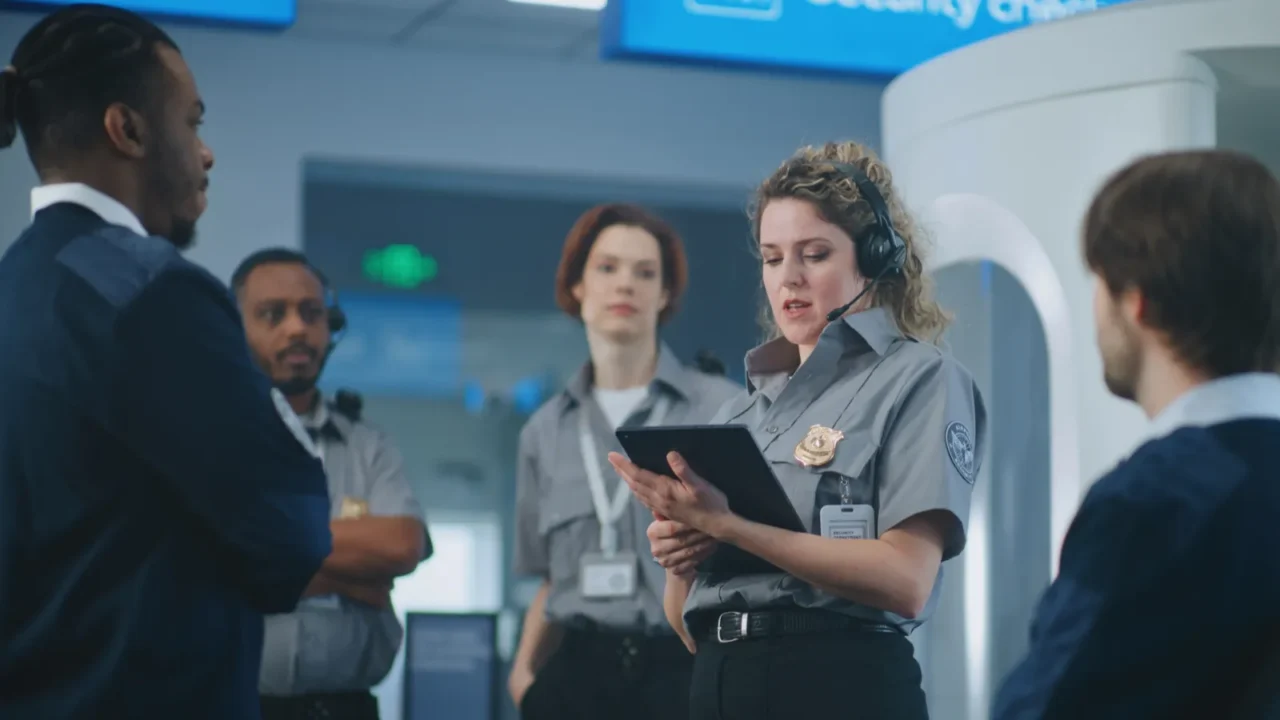 airport security system female security officer in headset with tablet