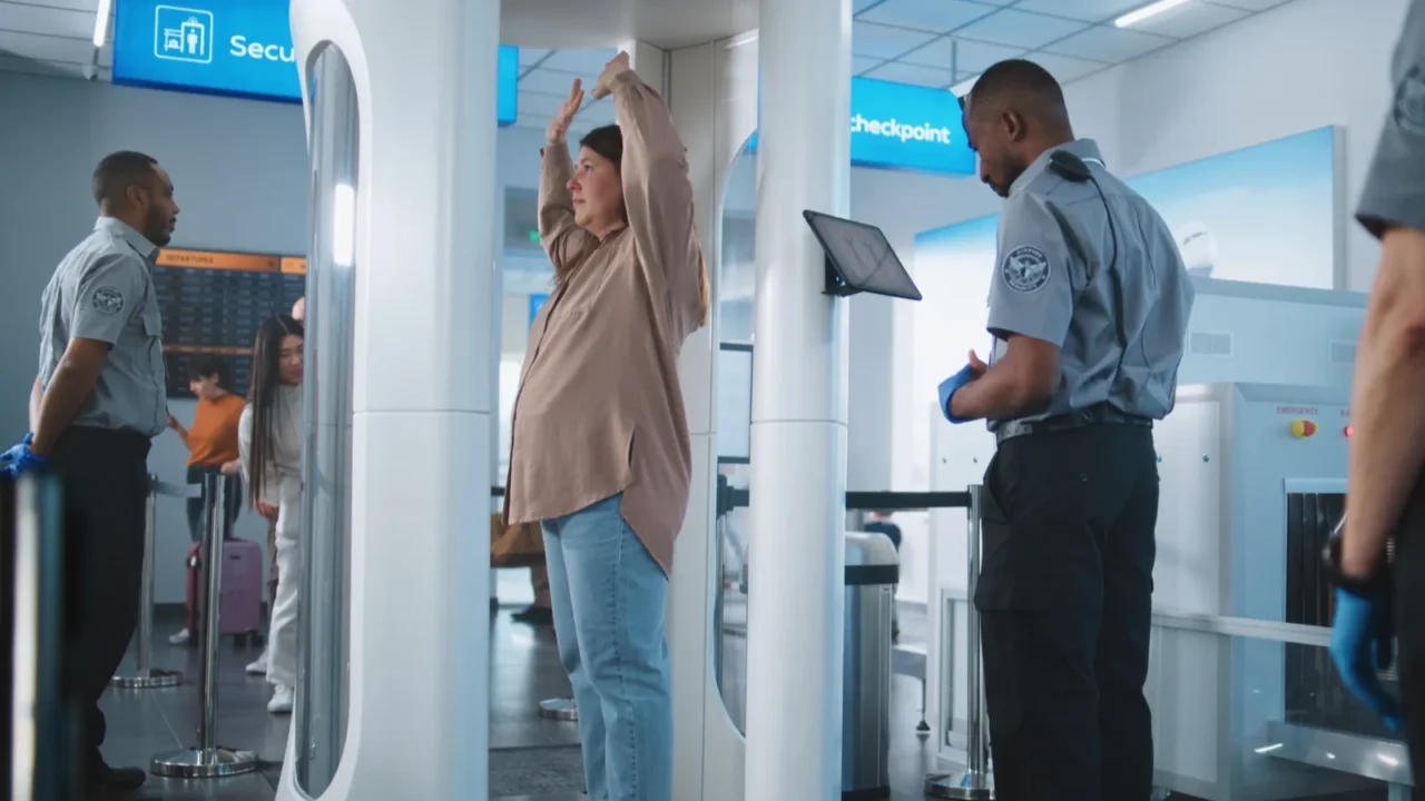 airport terminal diverse people passing through metal detector scanner african